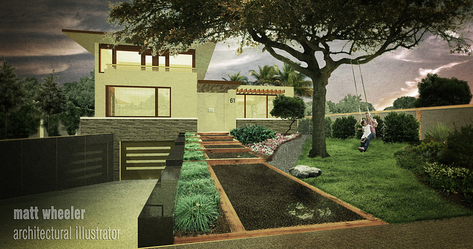 Matt Wheeler - Architectural Illustrator - https://www.facebook.com/mwheelerai
My first submission. I'm not sure how the community feels about non photorealistic renders. I created a basic sketchup model with minimal materials and a rudimentary site. I did a quick render in kerkythea for interior lighting and then added landscaping and texture in photoshop.