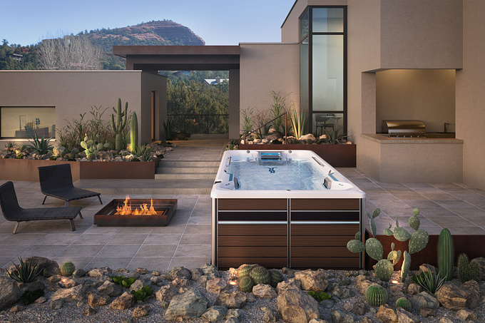 Pikcells - http://www.pikcells.com/
Arizona themed external CGI to promote outdoor hot tubs produced in collaboration with our US partners; The Shadowlight Group. Fully CG apart from the background image. 

We used Vray, 3dsmax, Photoshop and After Effects to create this image.