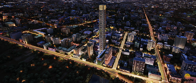 3D Aerial_Night render for a high rise residential project in India.