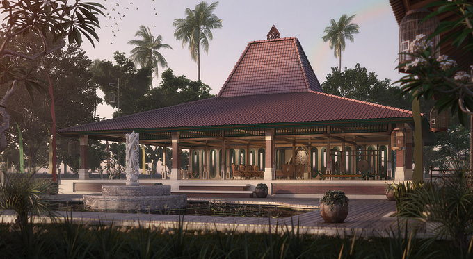 http://terryirawan3d@gmail.com
Joglo is a traditional vernacular house of Javanese people. It consist of two parts; the pendopo and dalem. The pendopo is the front section of Joglo that have large roofed space with columns and without wall or partition. The dalem is the inner sections with walled enclosure and rooms such as bedroom and kitchen. Pendopo is used to receive guests, reception hall and living room, while the inner dalem are more private sections of the house. The term "Joglo" is often used to refer the distinctive type of Javanese roof with rising central part of roof supported by four or more main wooden columns (saka guru). The outer row of columns with rectangular plan created expansion spaces. The roof formed a pyramid-like structure with central part are taller and steeper. It is said that the roof of Joglo is constructed to mimic a mountain.
