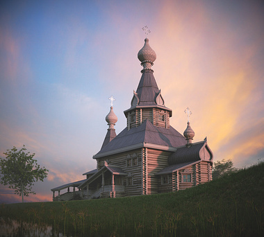 Wooden church in russian style: sunrise
