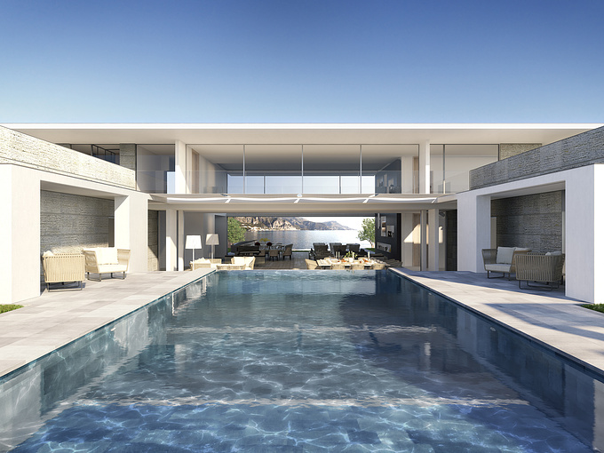 Berga & González arquitectos - http://www.render-arquitectura.com/infografia-3d-villa-lujo
This are our last renderings. It's a house in south east coast of France. 

Back pool view. Lanscape is the actual view. Super luxury!

For further info please visit 