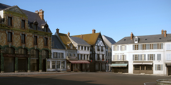 http://gauberthier.com
Vernon's main square (place d'Armes, now place Charles de Gaulle) was partly destroyed during the Second World War). 

The reconstitution is based on historical documents. Only a corner of the square is shown here, but the whole square was recreated  to fuel a VR project