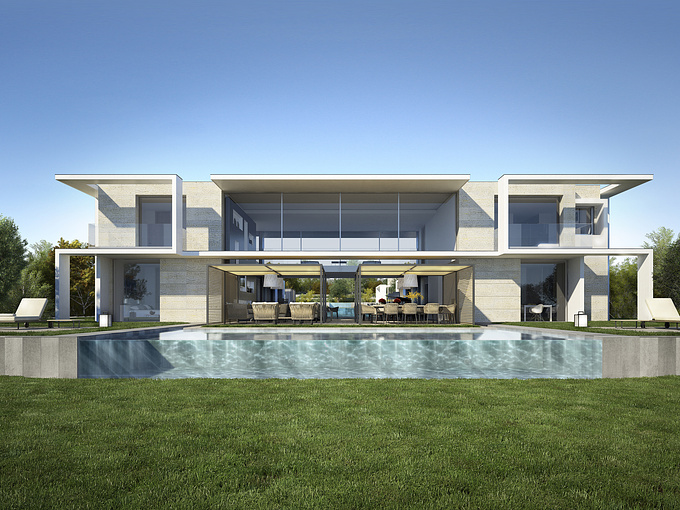 Berga & González arquitectos - http://www.render-arquitectura.com/infografia-3d-villa-lujo
This are our last renderings. It's a house in south east coast of France. 

Front facade view. Infinite pool with glass side wasn't the easiest thing to do but it came out quite decent (at least that's what I want to believe :))

For further info please visit 