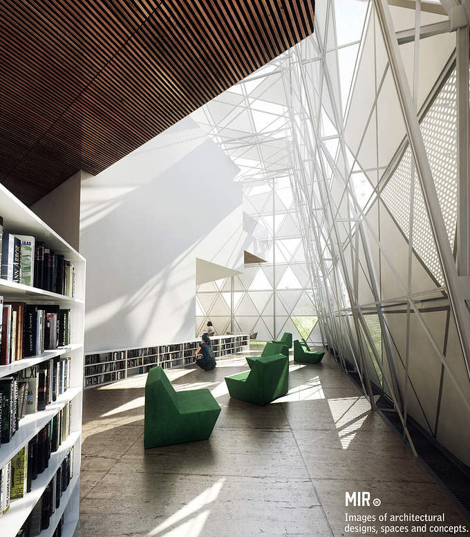 MIR - http://www.mir.no
A competition for Daegu library in Korea, the lighting and overall approach for the image was designed to accentuate the inspirational lines and patterns in this space.