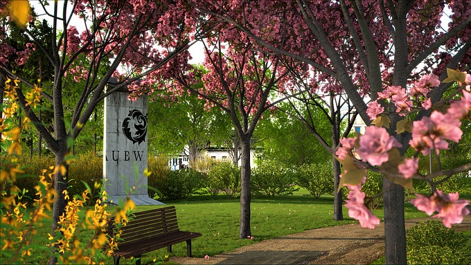 http://www.wallis-eck.de
I made a series of test for the company , trying different aspects of the Kanzan cherry trees. One of those pictures shows the plants at spring time, the other picture is settled a bit earlier, with blossoms still closed

Rendering was done with Vray for Cinema4D.

To fill up the scenery I used shrubs, trees and grass from my collection, adjusted to fit in the scenery.