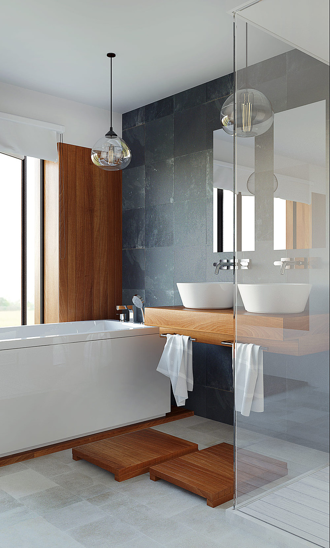 Personnal project of a bathroom render inspired by an online interior bathroom design.