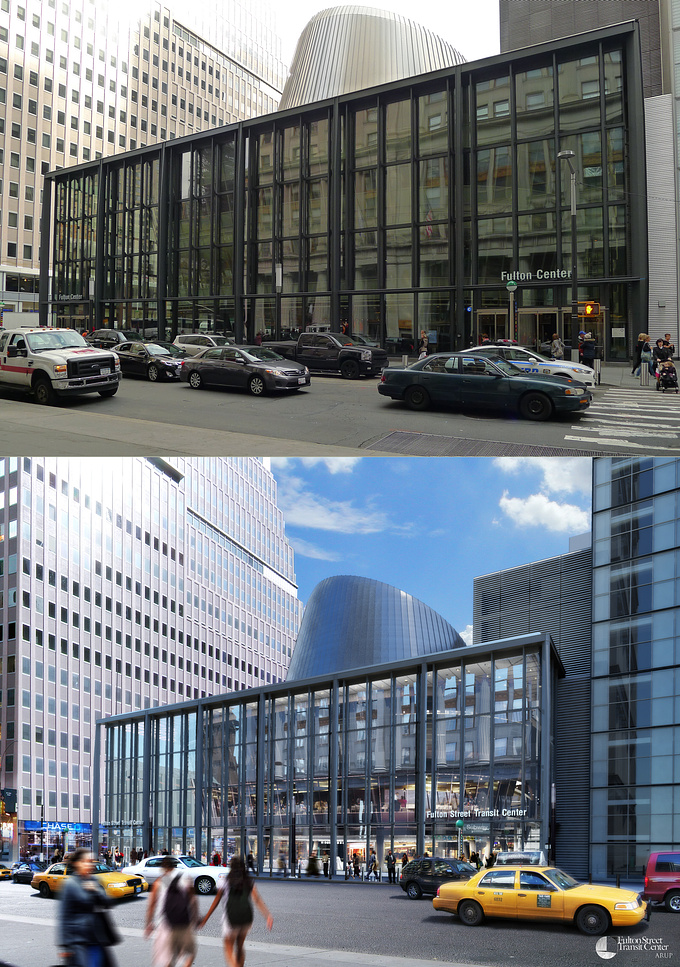 http://www.lavaproductions.com
This (bottom)is one of 25 finial renderings creating by myself and Anthony Cortez of the Fulton Center  (top), with a photograph I took of the matching view of the completed building which opened 11/10/14. The Fulton Center was a major NYC project for the MTA that both myself and members of my team provided hundreds of 3d visualizations for throughout the 9-year development span of the project that were seen throughout New York City on subways, newspapers & news media, etc.