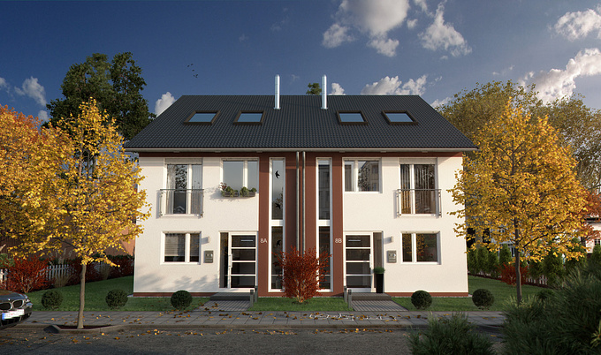 http://www.wallis-eck.de/
visualization of a twin house (private project). Modeling with Cinema4D R12, rendering with Vray for Cinema4D. All plants are selfmade.
Post (color and tonal corrections, glow and some grime on the walkway) with Photoshop.
