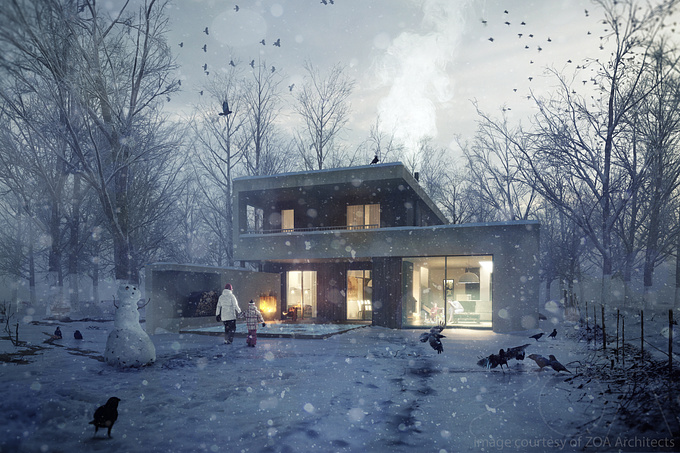 This house is designed by ZOA (zoa3d.com) - originally a summer house at the shore of lake Balaton - and unfortunately it won't be built. So I was given to make a beautiful picture of it. That's why the kinda sad atmosphere. (And I like drama - hehe.)

The plain model of the house was given. Anything else was made by me including the concept of the picture.

I'm very thankful to ZOA for the opportunity to work on this project as much as i needed. It took about a workweek.