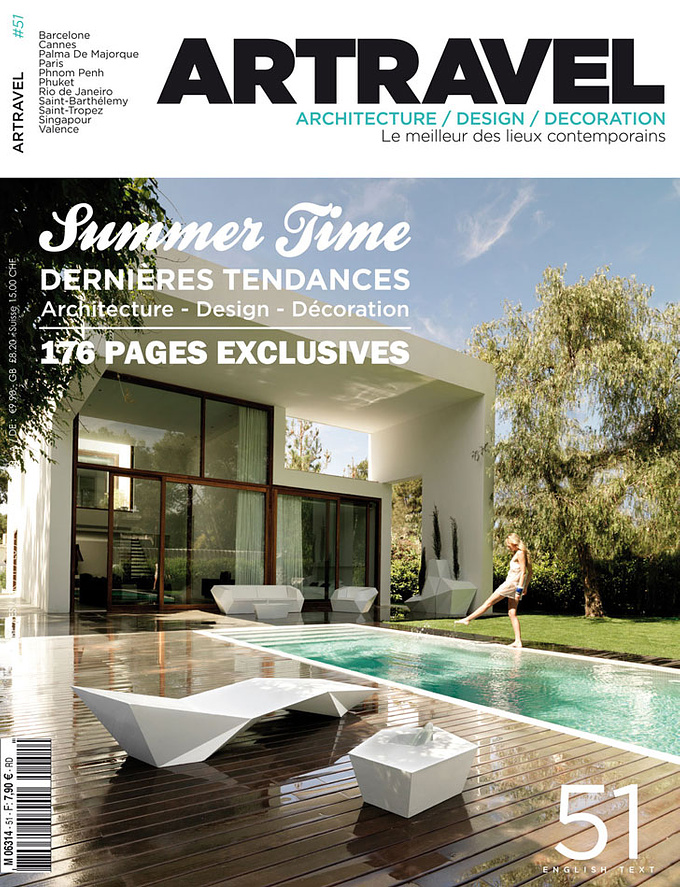 Artravel - http://www.artravel.net/tag/artravel-51-2/
Two-monthly magazine. Architecture, design, decoration. 
Summer time. Design furnitures, travels, hotels, restaurants, architects, BMW, interiors decoration, yachts, contempory art...