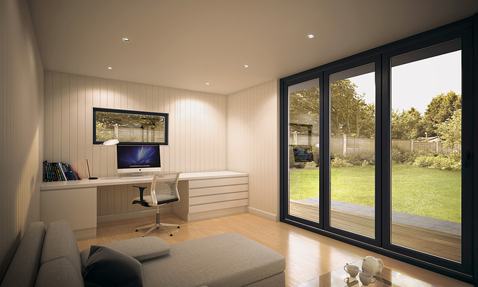 From a recent set of images for a local client who designs and builds timber garden offices/studios/buildings.

Shields Studios worked with architect Stephen Blakeman to produce their newest range of contemporary units.

Produced in 3DS Max/Vray, Photoshop and Lightroom.

More images to follow.