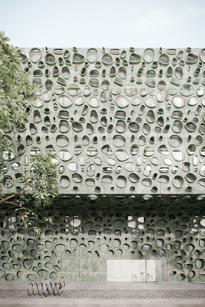 VÖSA studio - http://www.vosastudio.com
3Ds Max + V-Ray
Photoshop + Lightroom

Concrete façade pigmented in green for a Research Institute in Portugal by Cláudio Vilarinho architects and designers.