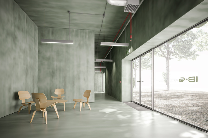 VÖSA studio - http://vosastudio.com
3Ds Max + V-Ray
Photoshop + Lightroom

Entrance hall covered in green Microcrete for a Research Institute in Portugal by Cláudio Vilarinho architects and designers.