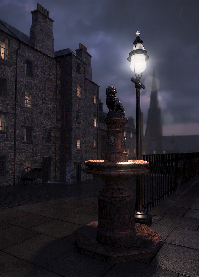 Pixogram - http://www.pixogram.co.uk
Render of Greyfriars Bobby in Candlemaker Row, Edinburgh, circa 1880. A collaborative heritage/council project to digitally reconstruct an old Edinburgh gas street lamp from photographs has led to the manufacture of a prototype lamp. The lamp is to be sited adjacent the famous statue as it was over 130 years ago. Accurate photogrammetric models of statue and buildings.