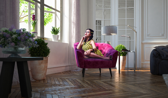 Girl on sofa with warm light feeling on her face.
just compositing  and color correction with some test.
only just for light balance with 2d cutout image edit in Photoshop.