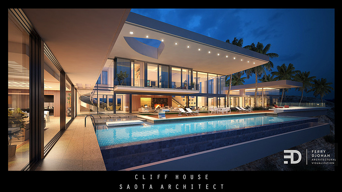 https://www.facebook.com/FerryDjohanVisualization
This is a evening scene of "Cliff House". A house on top of the cliff. 
Architect: SAOTA.
Location: Dakar, Senegal.
Software: 3DS Max, Vray and Photoshop.
Please give me your comments.
Thanks.