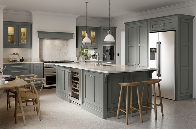 There's some extraordinary detail in the materials in this contemporary kitchen CGI. Our artists have been meticulous creating a subtle, yet noticeable woodgrain finish for the dust grey Shaker cabinets.
