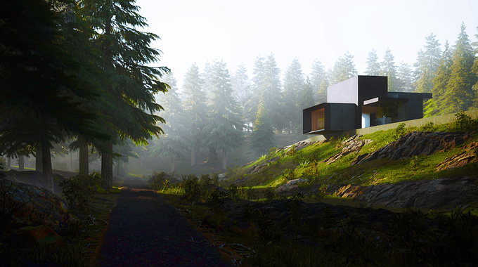https://www.behance.net/tharik
Vacation House placed in the pine tree forest environment. 
Used softwares: 3DS Max,coronarender,Megascans,QuixelMixer &Photoshop
More Images: https://www.behance.net/tharik