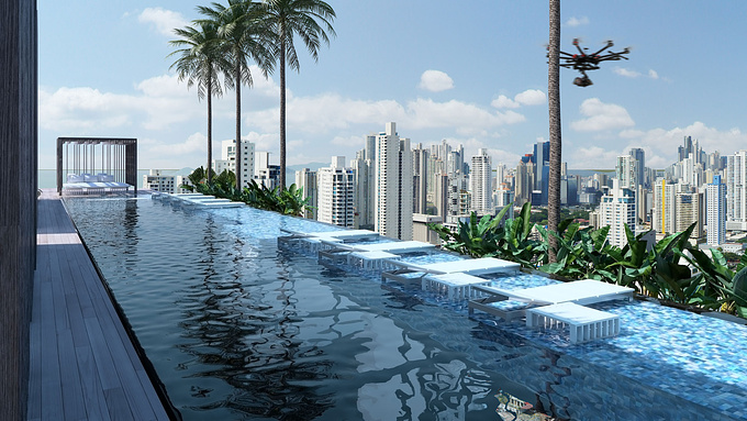 Architecture Projects - http://www.architectureprojects.net
This is one of a series of images I made for the visualization of an apartment in Panama. The building is under construction. The challenge was to create images to support the presentation of the design for approval by the final client.
This is the image of the pool viewed from the top, it has a glass bottom so light travels through it into the apartment's hall below.
Also very important was the fact to orient the view to the 360deg image taken by a drone and recreate the sun direction according to the background photo to improve the sense of realism.