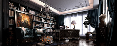 3D Interior Rendering of Study Room Classical