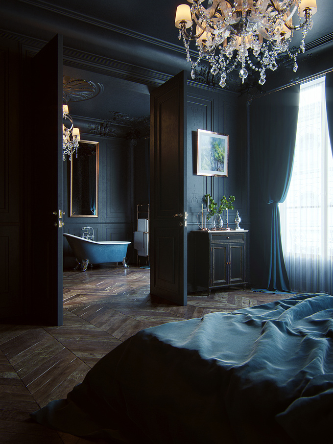 Romuald Chaigneau - https://www.behance.net/romualdchaigneau
I everyone. 
This is a new work about a black interior haussmann style. I used 3ds, corona and photoshop to make it. 

Lot of more images here: 
https://www.behance.net/gallery/54502505/Black-Haussmann-CGI