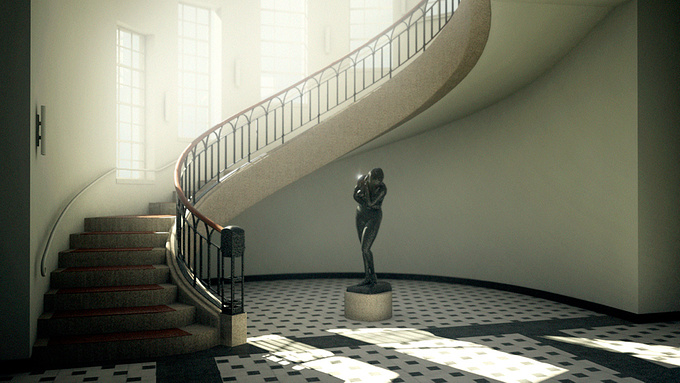 Since few years ago, I am amazed by the bauhaus' movement and I was thinking for some months ago to make an scene of it. 

At the end, looking for houses of this movement found an image of the main-staircase of architecture faculty and I think that it could be very good scene to improve my lightning skills in vray. 

Hope you'll like it!!

Jorge