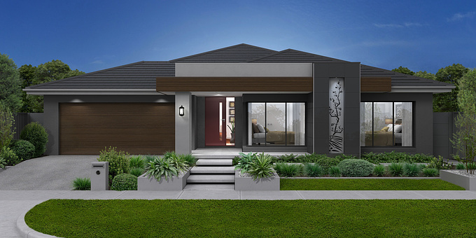 Modelled and rendered in Lightwave 3D.
Post-process landscaping in Corelpaint.
Facade designed entirely by Congo Systems.
Produced for a Home Building catalogue so minimal use of effects or atmosphere.