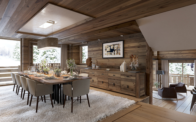 3D visualization of a dining room for a luxurious chalet.
Made with 3dsmax + Corona renderer