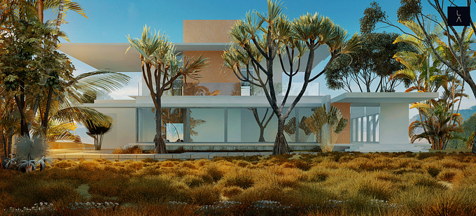 Leadson Architects - http://www.leadsonarchitects.com
I used multiscatter for the grass, evermotion trees, and googled for a nive wide desert mountains panorama.
The house it's a personal concept evolved from an old project.
http://www.leadsonarchitects.com