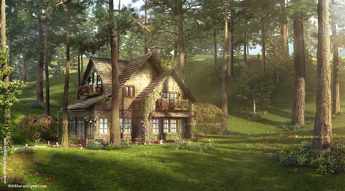 self - https://www.behance.net/ifthikhar
Inspiration of location and ‪#‎cottage‬ model is from my various journeys through the mountain ranges of the ‪#‎Himalayas‬. The amazing places and pine forests I travelled through, those fairytale style houses where I stayed as a guest.
More views and info about this personal work: https://www.behance.net/gallery/17310617/The-FireFly-Cottage-3dsmax-Vray-Case-study