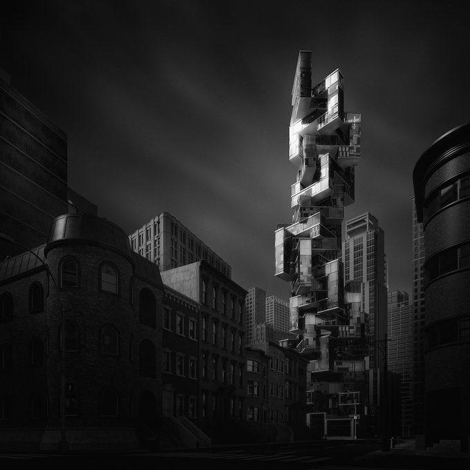 Three Marks - http://www.threemarks.com
It's been a while since I've made anything in black and white or anything that slants more towards arch viz and less towards fantasy.  Playing here with a few ideas that have been kicking around in my head, an old design from architecture school, and filling things out with Kitbash3d Every City kit.  Modeled in 3ds Max, rendered with FStorm, and finished in Photoshop.