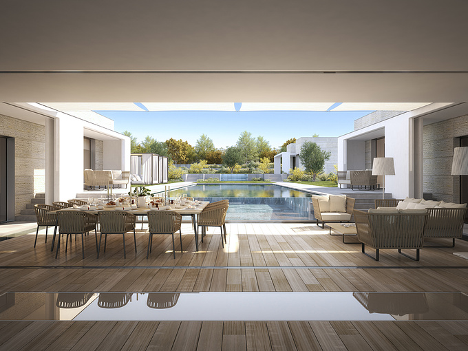 Berga & González arquitectos - http://www.render-arquitectura.com/infografia-3d-villa-lujo
This are our last renderings. It's a house in south east coast of France. 

Main room view to back garden. Infinite pool with glass side wasn't the easiest thing to do but it came out quite decent (at least that's what I want to believe :))

For further info please visit 