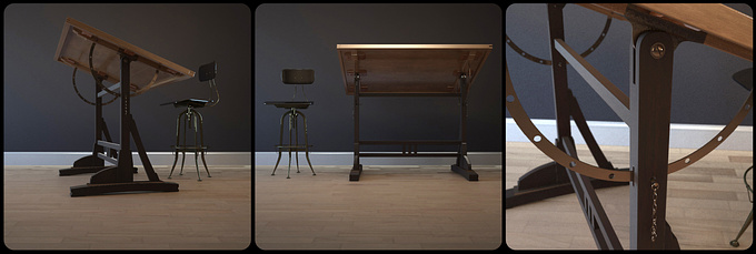 Chipped Tooth Media - http://www.chippedtoothmedia.com
Several images of a drafting table and toledo style office chair I created to have as stock furniture in scenes. Model was created and rendered with 3ds Max 2012, mental ray and mental ray materials.