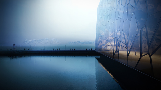 Leadson - http://www.leadsonarchitects.com
Inspired by a great photo taken by Jeffrey Faranjal of Harpa Concert Hall in Reykjavik, I said I should try to recreate its atmosphere. Small changes in terms of  design components. I used Voronoi script for the facade. Except for the icebergs in the background, everything is in 3D. There are small adjustments in terms of contrast and colours, also used render passes. You cand follow the workflow in the WIP section of my profile. Hope you enjoy it. Thanks, cheers