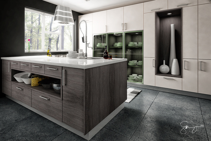 I've always wanted to create a kitchen with a dark atmosphere, since most of my clients prefer bright interiors so this one never really got their attention, a personal project of mine to show color combination from light to grey finish. done in my spare time only, same tools 3dsmax, vray, photoshop. I hope you'll like it.