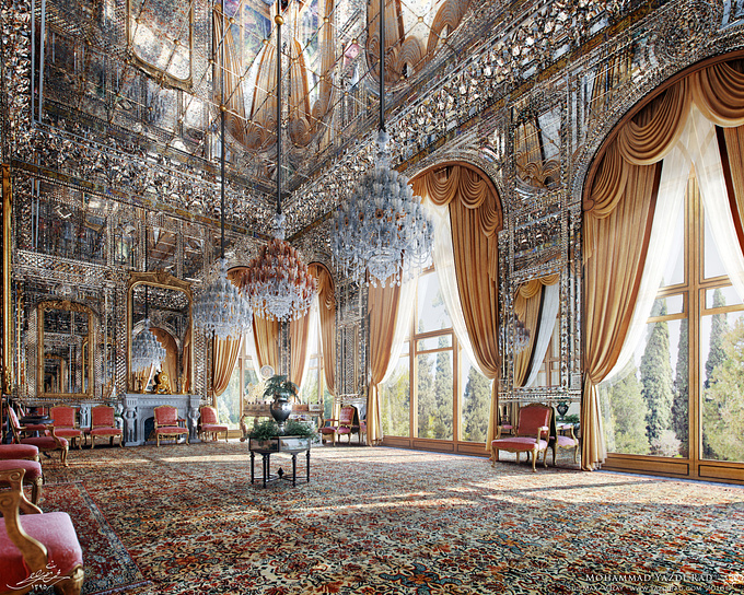 Nour - http://www.yazdirad.com
Mirror Hall of Golestan palace
3ds Max & V-Ray
Based on the famous painting of iranian painter Kamal-al Molk
Here is reference painting:


Hope you like it
www.yazdirad.com