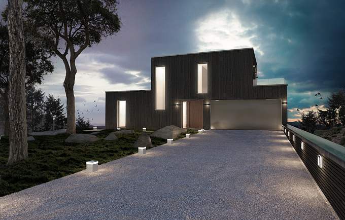Frontside of House A in dusk. Model build in Vectorworks and render with Renderworks.
Postproduction with Photoshop.