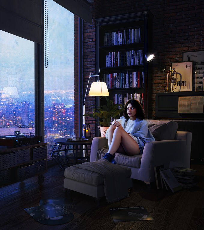 Personal project I did in my spare time. I wanted to convey a New York loft apartment in a bad weather and create a cozy atmosphere where you can chill out. In this case a girl at home, listening to some good jazz.