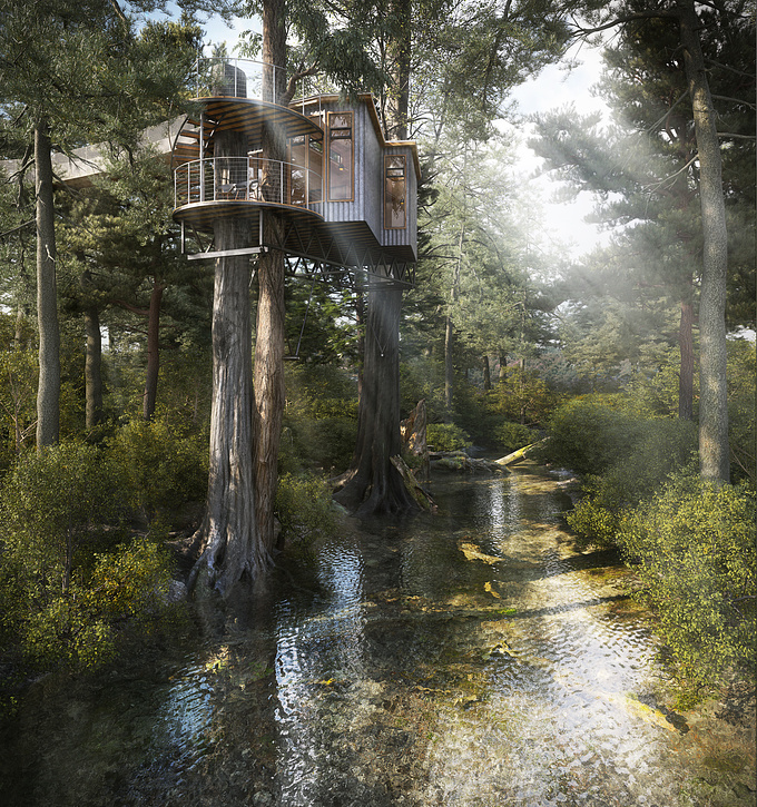 Wonder Vision - http://www.wonder-vision.com
CG image of Yoki Treehouse, a rentable treehouse above a creek in Texas. We used 3ds max, Vray and Forest Pack to create the shot.