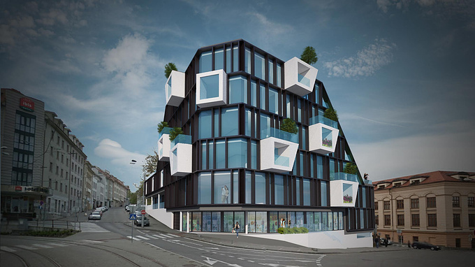 Adif, s.r.o - http://www.adif.sk
Commisioned render of a polyfunctional / mixed-use building in Bratislava. Built in SketchUp from AutoCAD underlays, rendered in V-Ray and post processed in Photoshop.