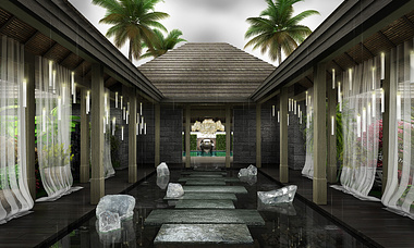 atrium of beach hotel (rain)