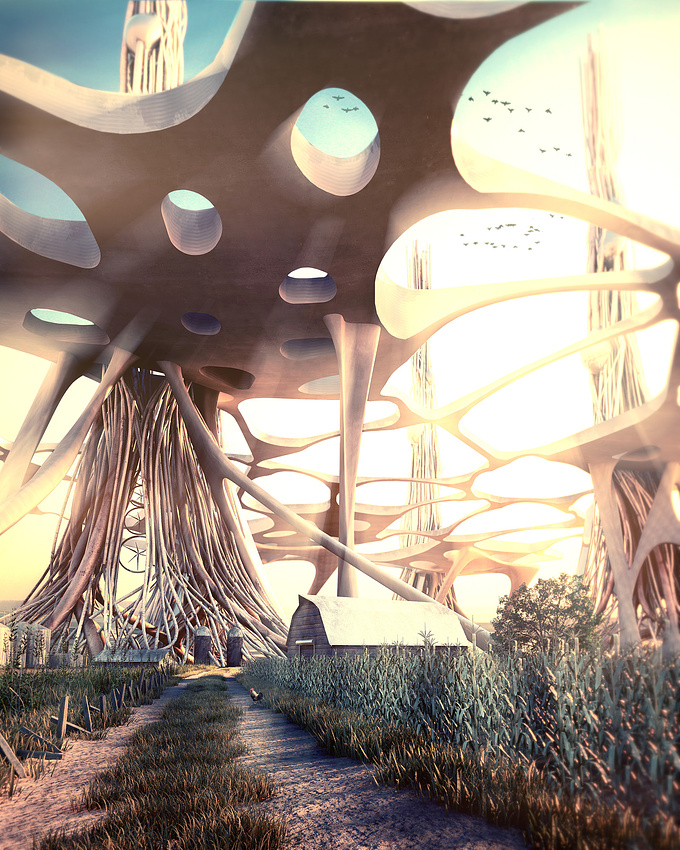 An image used for eVolo 2013 tower competition. The idea was to challenge agrarian urbanism and unpredictable weather.