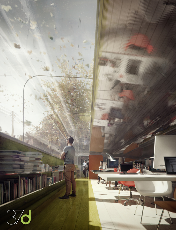 37d Architecture Office - http://www.37daoffice.com
Our project "The Green Office" is one of the top 3 winners of AXYZ Lifelike Rendering Competition 2014! Honorable Mention

These are my final 3 images for the AXYZ/Laubwerk competition. We believe that an image really works when all of its elements coexists harmoniously. Thanks to the characters of AXYZ and the Laubwerk Trees achieving this balance in infographics becomes less difficult.
The main goal of our project was mainly this, represent an architecture project where everything seems to fit together.

This project try to recreate the Selgas Cano's Office in Madrid.