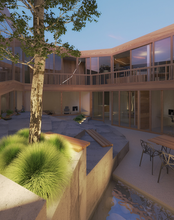  - http://
The design is my own. I designed a Patio home within a square of 13 meter by 13 meter and 5,25 meter high with half of it outdoor space. I chose for raw materials to give a robust feeling.

Everything is modeled in 3DsMax and marvelous designer. The renders are made with Vray. I tried not to use photoshop besides some curves and light effects for this project. The models are partly mine and partly downloaded. Materials are all mine with textures from different sources.