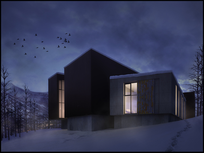 I have always meant to try a snow scene but never really got around to it so this will be my first. The original architecture is a visitor center in Iceland...but the image ended up being more of a residence - and I guess that's just how these things can go sometimes. C and C welcome :)