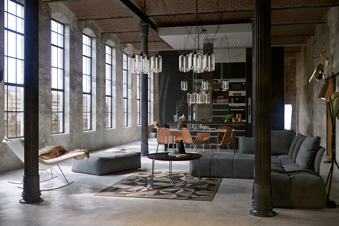 Living room in Loft. More views https://www.behance.net/gallery/24713765/Industiral-Conversion
