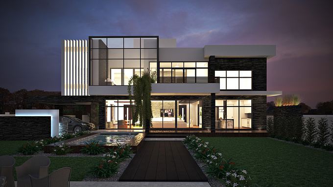 Vizarchs - http://www.vizarchs.com
House rear yard showing the magnificent glass facade with stone coverings. Deck walkway in the middle symmetrize perfectly to break the asymmetrical imbalance, which eventually gives a complete balance in the whole composition.
Rendered using 3Dsmax and Vray
