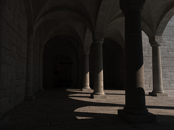 piece of medieval monastery, I'm trying to workout some nice lighting in LightWave for book cover. Still needs to work on textures. 
Comments needed.