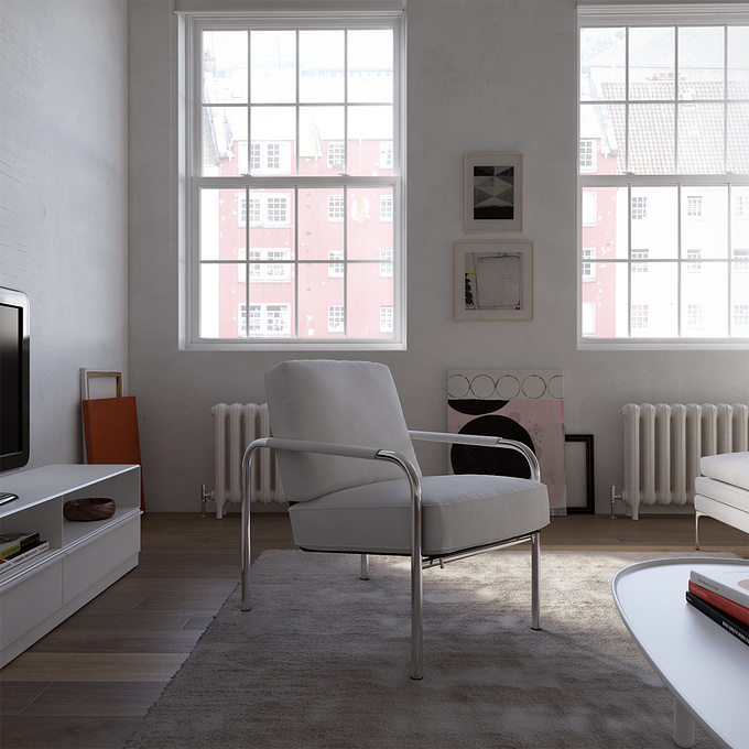 Close up shot of concrete loft with white furniture and Susanna armchair from Zanotta, modelled with 3ds max and rendered with Vray. I hope you like it, your opinion is very welcome. Thanks.